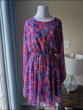 Skies Are Blue Pink & Blue Floral Long-Sleeve Elastic Waist Dress